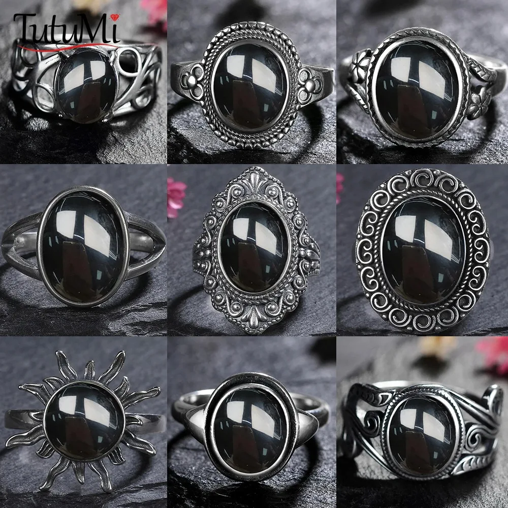 Anillo de ónix negro natural de plata de ley 925 Joyería ovalada redonda vintage para regalos para mujeres y hombres Anillo vintage en forma de sol