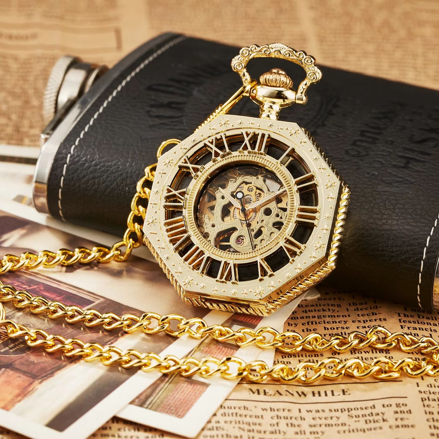 Reloj de Bolsillo Mecánico Hexagonal Clásico con Cadena FOB, Esfera Romana Steampunk, Esqueleto Dorado, Acero Hueco, Reloj de Bolsillo para Hombre