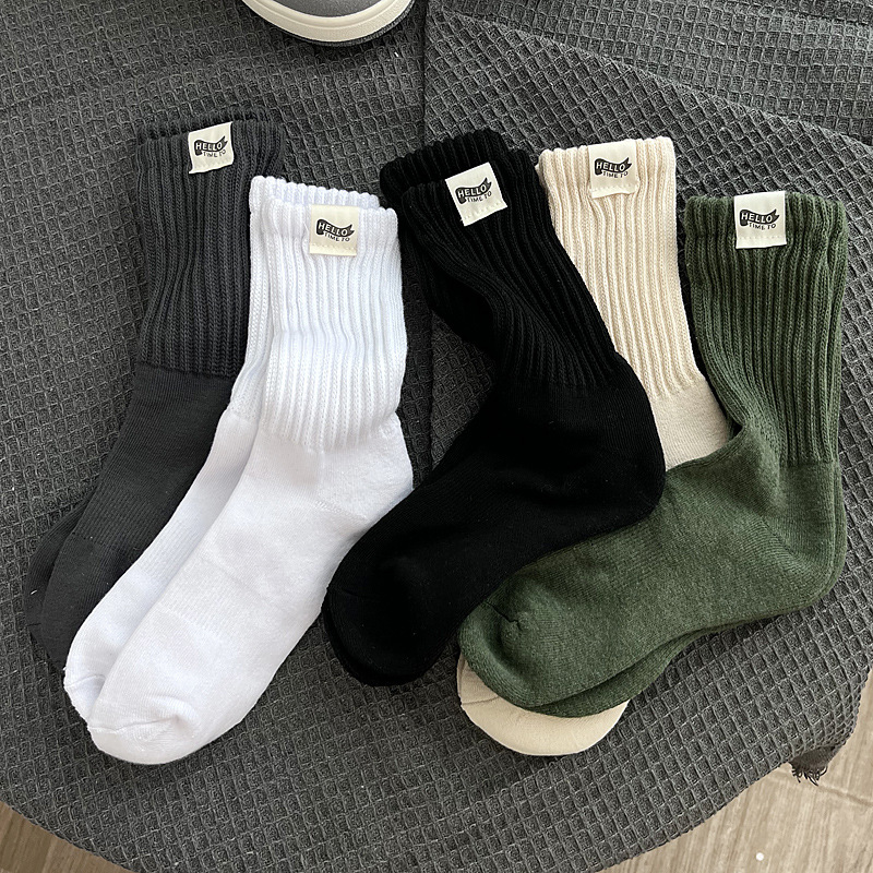 Kaus kaki pria 73g warna polos tebal hitam putih hijau kaus kaki hangat musim gugur musim dingin olahraga Mid-tube kaus kaki katun pria Label kain stoking INS