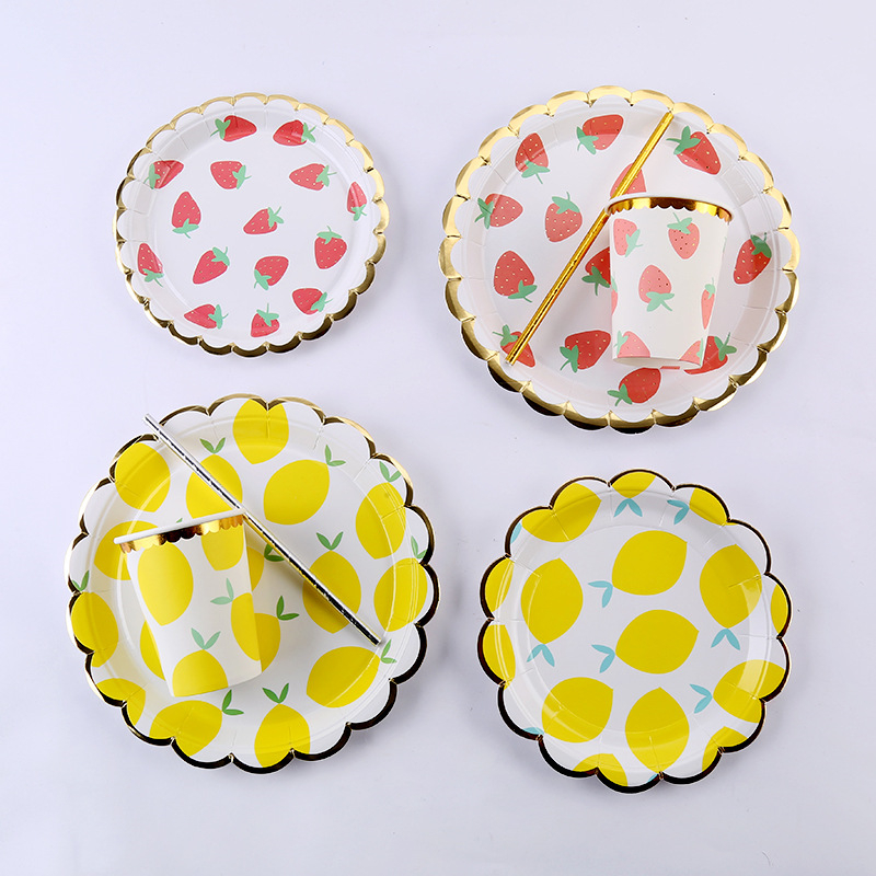 Party Tableware Set Lemon Strawberry Disposable Paper Cup Paper Plate Paper Towel Straw Happy Birthday Party Decoration Supplies
