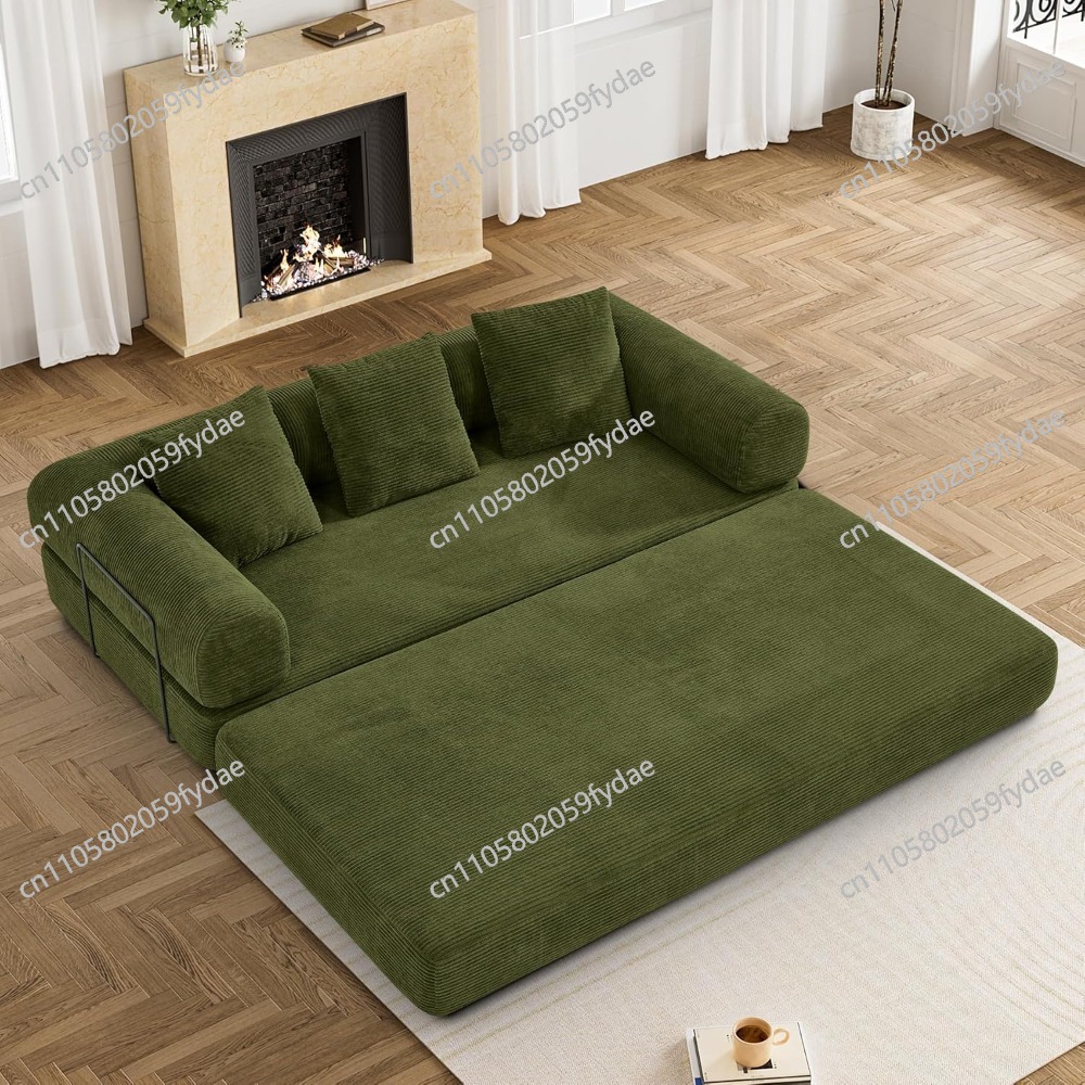 Sofa rozkładana z poduszką cylindryczną, kanapa z materacem składanym z tkaniny sztruksowej z ramą o stałej formie, modułowa sofa podłogowa