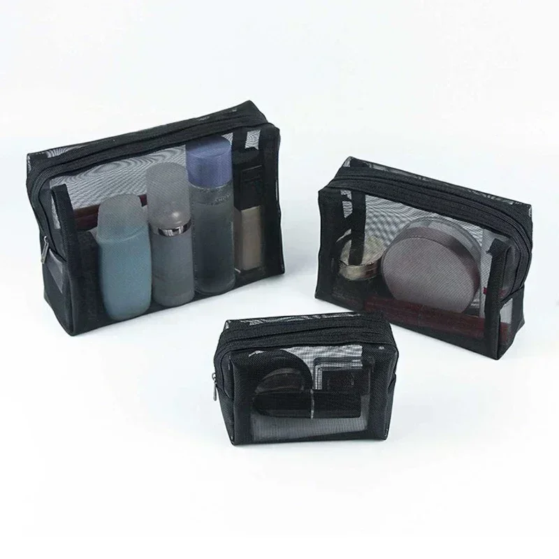 Bolsa de cosméticos con cremallera de malla transparente para mujer, organizador necesario, bolsas de aseo negras pequeñas y grandes, estuche de maquillaje, 1 Uds.
