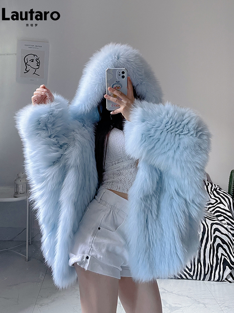 Lautaro inverno desgrenhado peludo grosso quente macio colorido jaqueta de pele do falso feminino com capuz bat manga solta casual roupas de grife