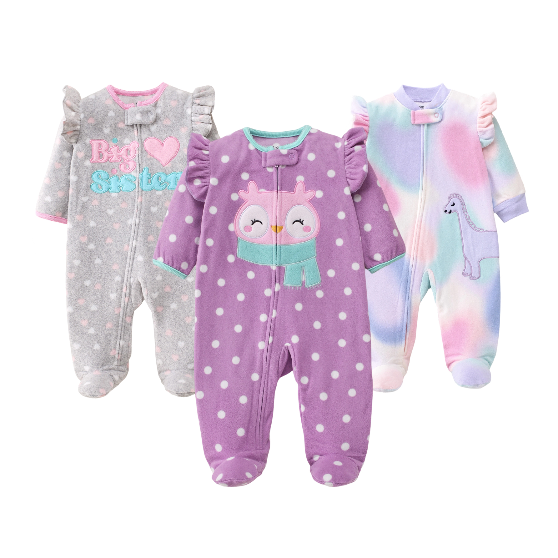 Macacão de Bebê em Fleece Polar com Bordado de Letras de Desenho Animado, Estampa de Bolinhas e Corações, Tie Dye, Manga com Babado, Zíper, Quente para Meninas, Outono Inverno