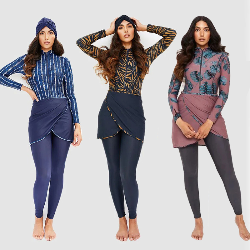 3 pz musulmano modesto costumi da bagno donna costume da bagno copertura completa islamico manica lunga costume da bagno Burkini turbante pantaloni Hijab
