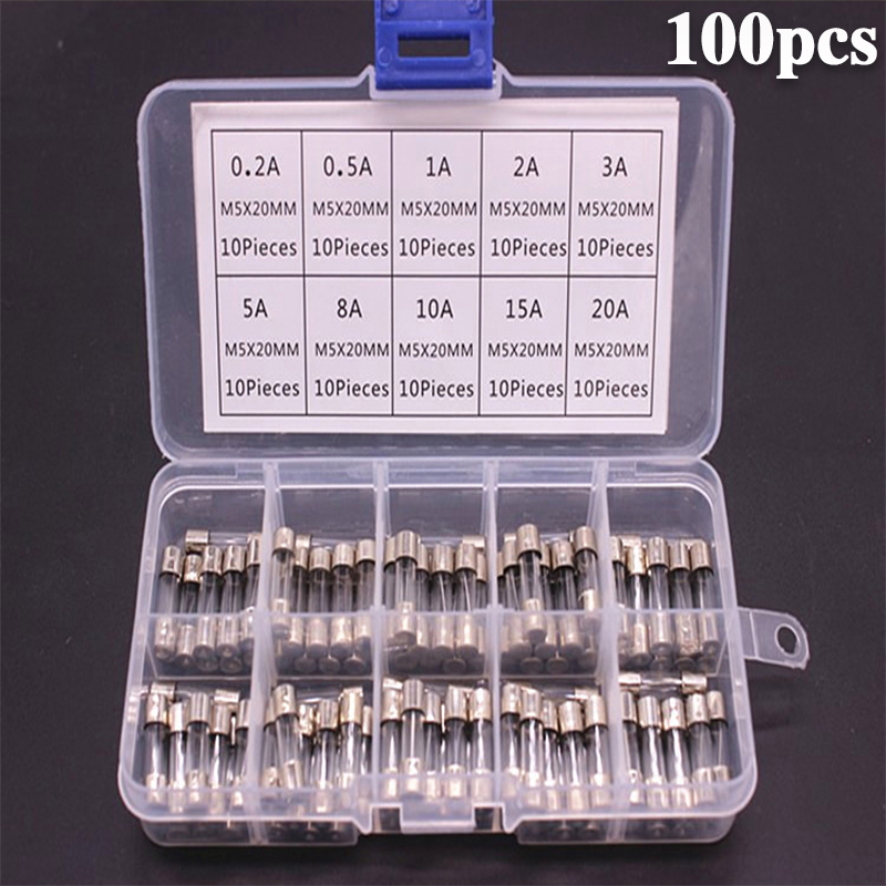 Kit combinado de fusibles de vidrio soplado rápido de 100 piezas 5x20 mm 250 V 0,1 0,2 0,25 0,5 1 1,5 2 3 4 5 8 10 12 15 20 A en caja de plástico transparente