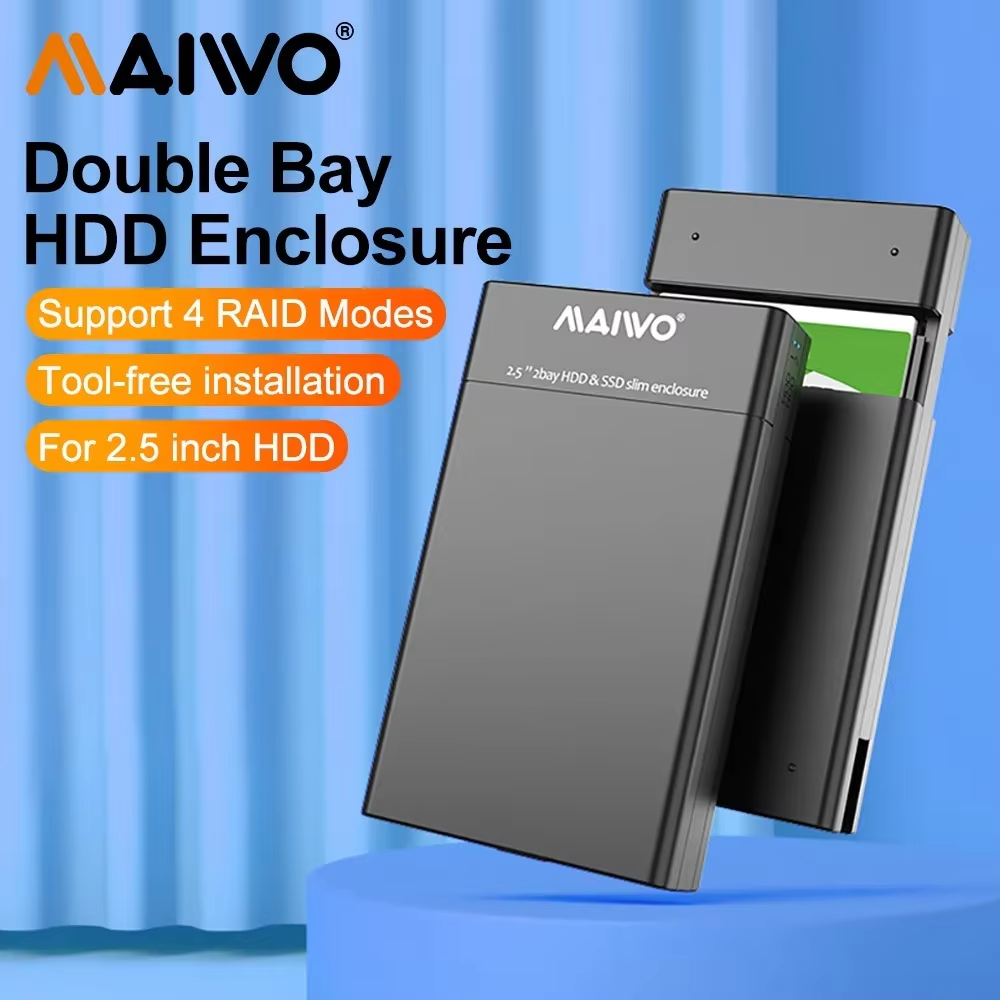 MAIWO 2,5-calowa obudowa dysku twardego Dual Bay Obudowa zewnętrznego dysku twardego SSD do dysku twardego SATA z 4-funkcyjną obudową PC RAID