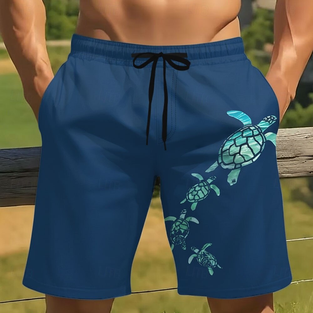 Men's Sea Turtle Animal Beach Shorts, Mid Waist Board Shorts, Elastic Drawstring, Hawaiian Vacation Wear