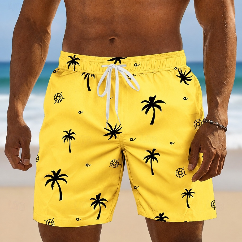 Leuchtend gelbe Herren-Shorts mit Palmen- und nautischem Aufdruck und Kordelzug, lässige, lockere Passform für den täglichen Strandurlaub im Frühling und Sommer