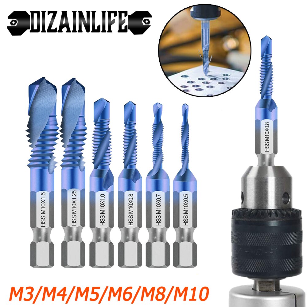 6 Stuks M3m10 Schroef Kraanboren Hss Tap Teller Gootsteen Deburr Metrische Hoge Snelheid Staal 1/4 In Snelle Verandering Hex Gereedschap Voor Houtbewerking