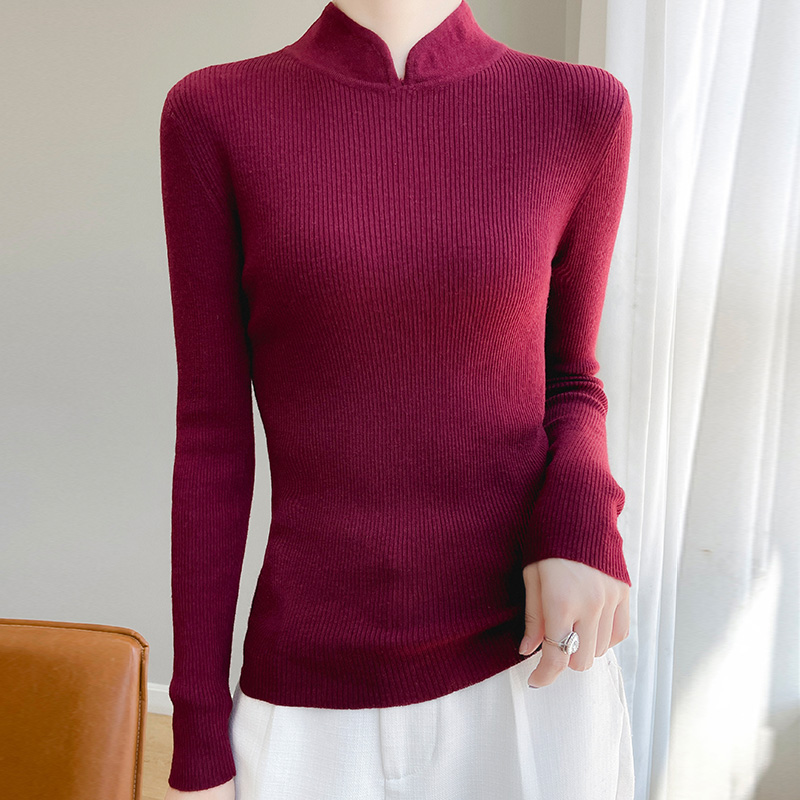 Vrouwen 100% Pure Wol Zachte Trui Chinese Stijl Staande Kraag Effen Slanke Trui Herfst Winter Basis Casual Breien Top
