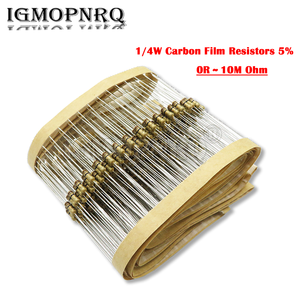 100PCS 5% 1/4W ตัวต้านทานฟิล์มคาร์บอน 1R-10M 1K 5K 10K 4K7 100K 560K 1M 3M3 โอห์มสีแหวนความต้านทาน 10R 20R 47R 100R 150R 220R