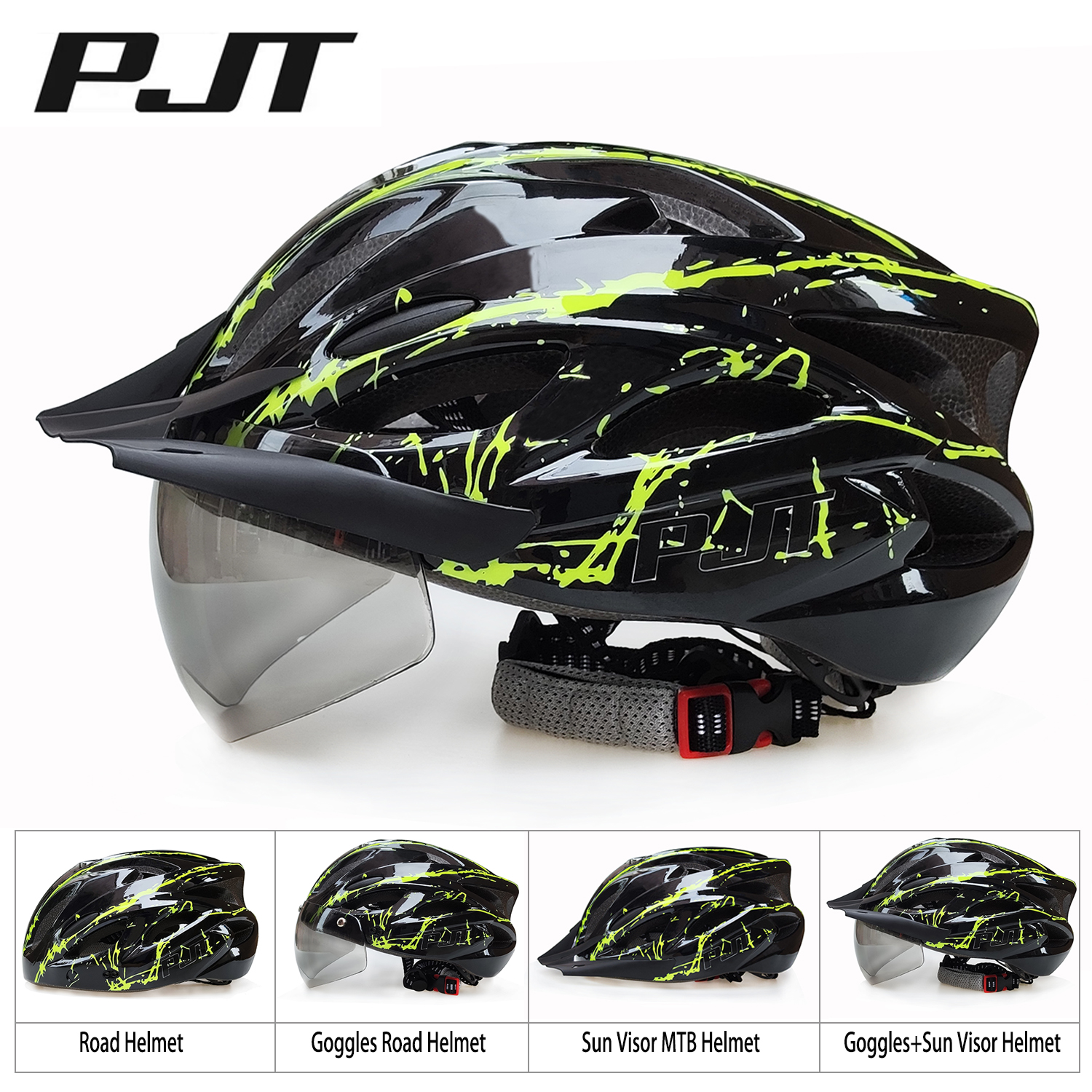 PJT 4-in-1 หมวกกันน็อคขี่จักรยานน้ําหนักเบา 18 หลุมระบายอากาศหมวกกันน็อคจักรยานผู้ใหญ่ถนน MTB ที่ถอดออกได้บังแดดแว่นตาจักรยาน Helme