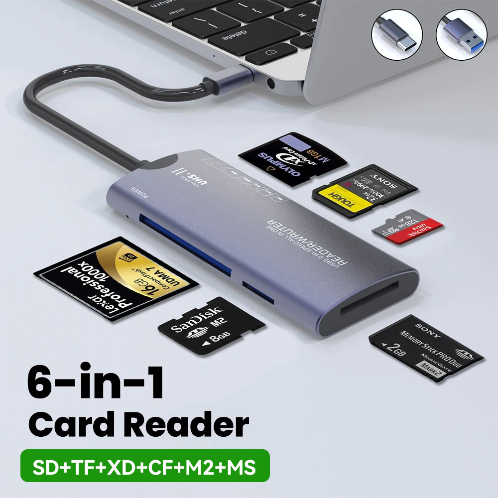 6-in-1 USB 2.0/Type-C Multi-Function Card Reader SD/TF/XD/CF Memory Card Adapter, Suitable for Data Transfer