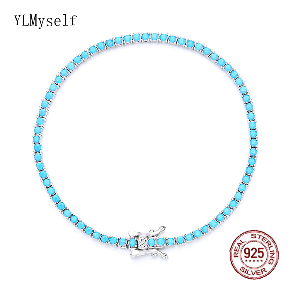 Bracelet de Tennis en argent pur 2 mm, pierre bleue Turquoise, longueur 16/17/18 cm, beaux bijoux fins 925 pour femmes