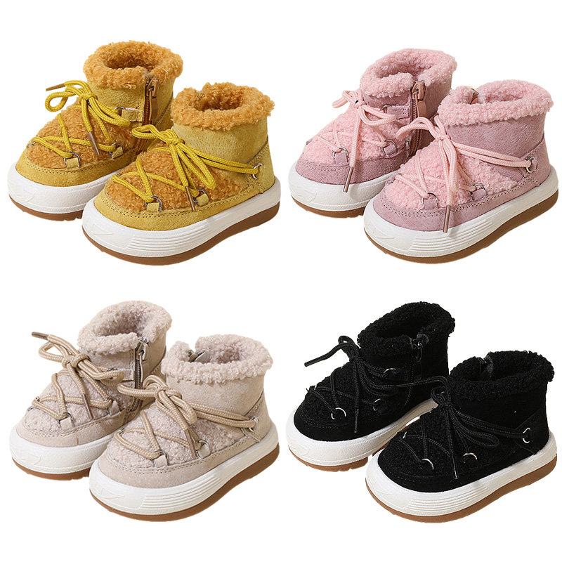 Tênis de lã de cordeiro quente para crianças, sapatos antiderrapantes para bebês, meninos e meninas, sola de borracha, first walkers, inverno, 2024