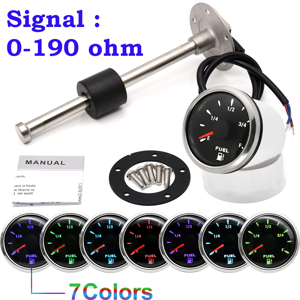 Jauge de niveau de carburant 52mm avec capteur de niveau de carburant 100-550mm 7 couleurs compteur de niveau de réservoir de carburant de pointe de voiture de bateau marin pour le niveau de réservoir d'huile