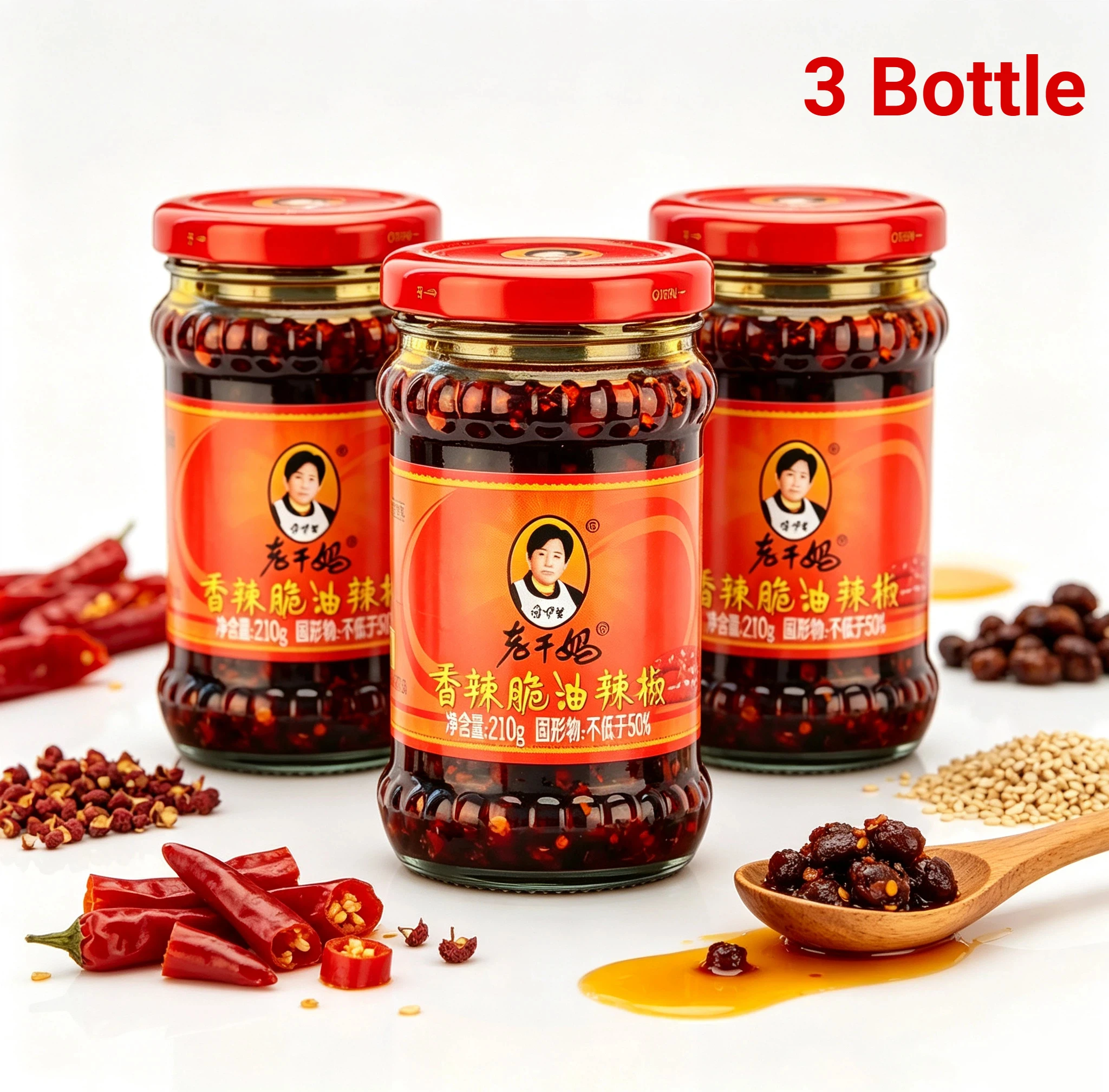 3 Bottle LaoGanMa Knusprig-Würzige Chiliöl-Sauce 3x210g, Scharfe Knusper-Chili, Ideal für Reis und Nudelgerichte, Hochwertig und Intensiv