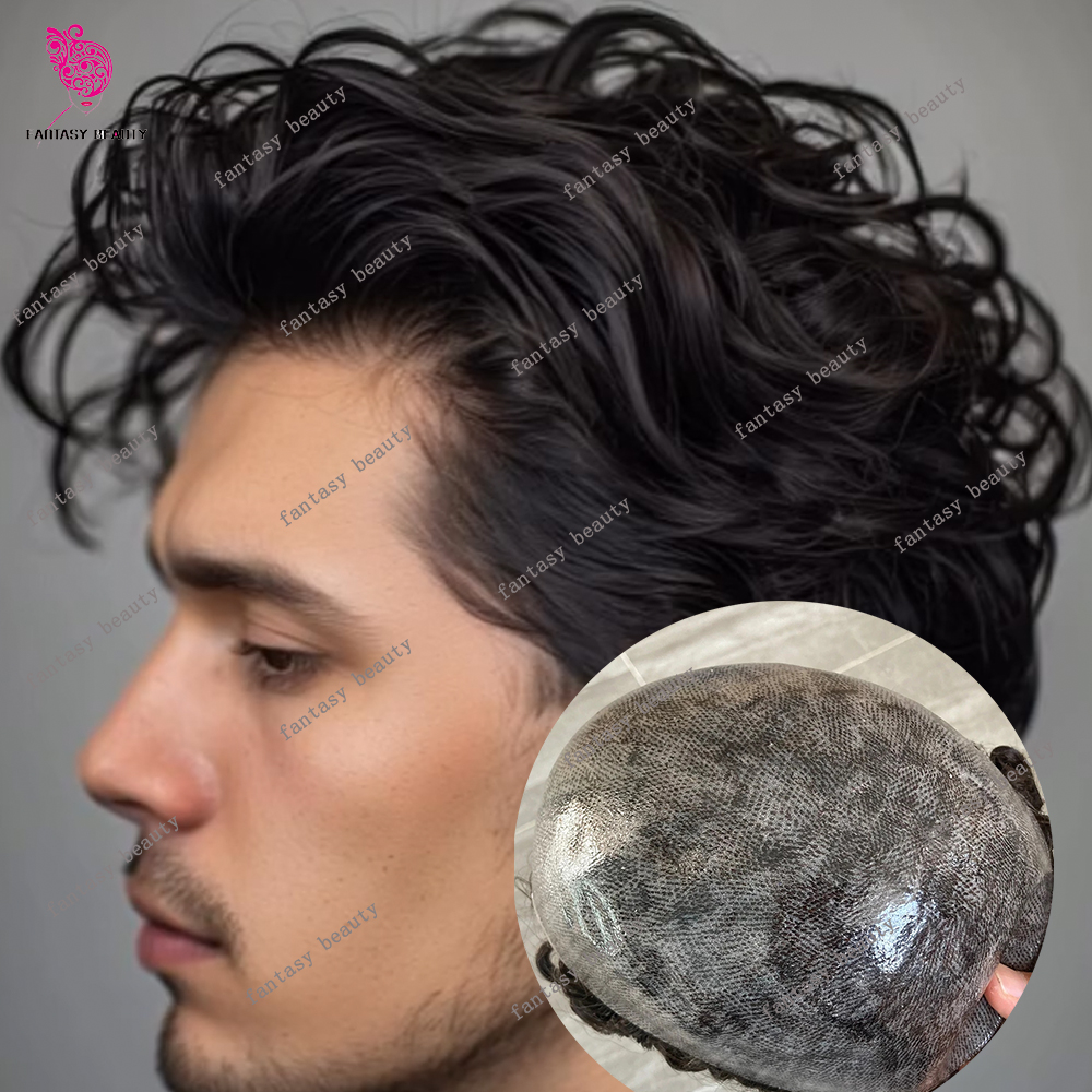 Prótese Capilar Masculina de Cabelo Humano Cacheado Natural 28mm 24mm, 100% Cabelo Humano Durável com Base de Poliuretano para Fácil Aplicação
