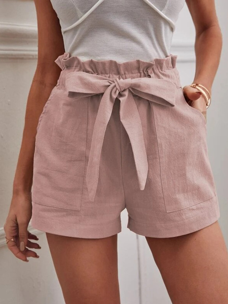 Elegante cor sólida branco shorts feminino bolso cordão casual calças curtas verão calças diárias