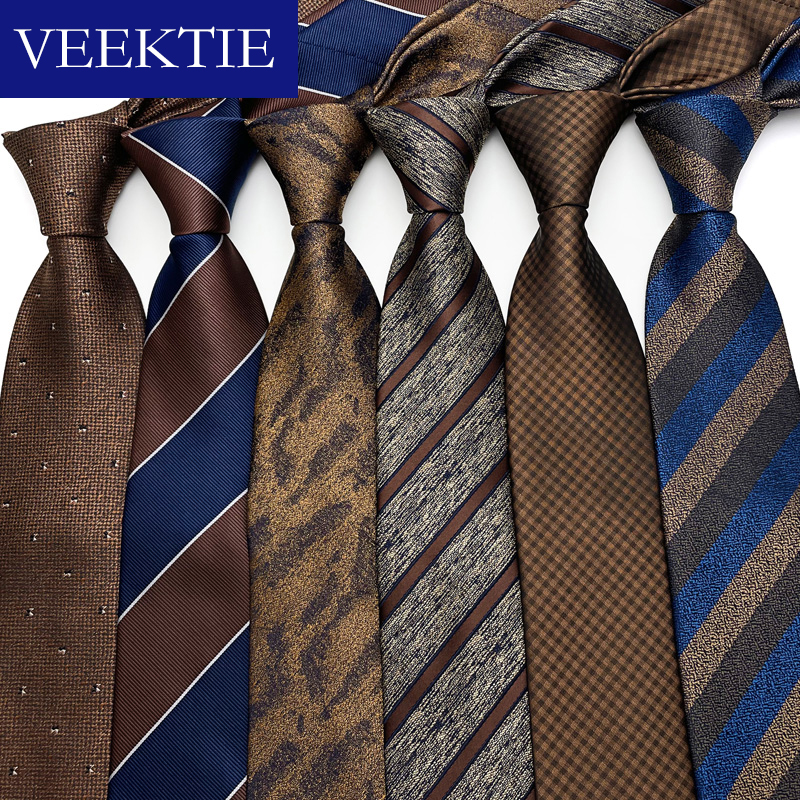 VEEKTIE marka styl Maillard kolor Vintage paski 8CM krawaty dla mężczyzn klasyczna kratka kwiatowy brązowy czarny Retro biznes formalne
