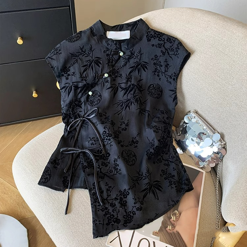 Camisa fina Retro nuevo estilo chino Cheongsam Top negro Jacquard Camiseta de manga corta verano moda madura ropa de mujer