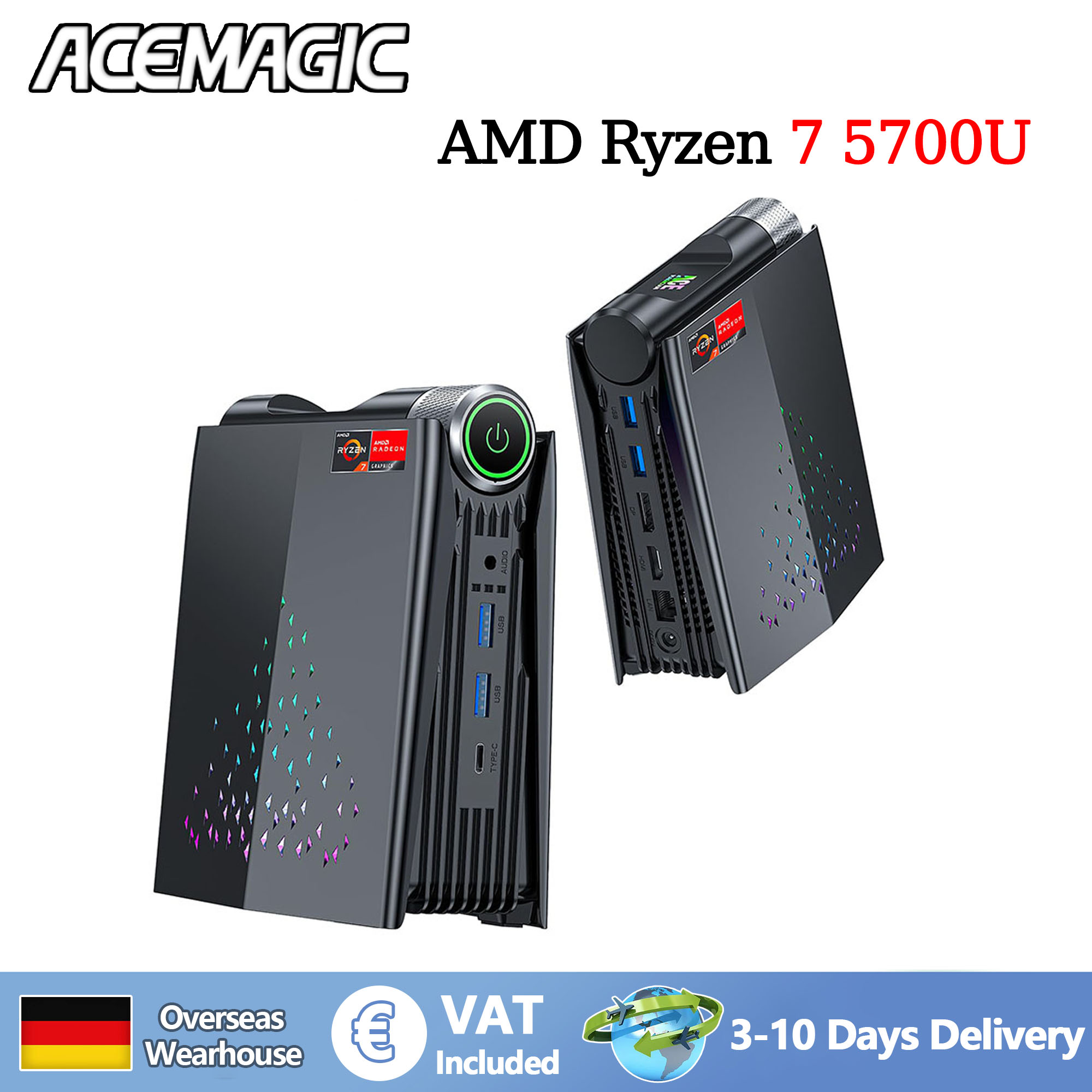 ACEMAGIC AMR5 Mini PC Gaming AMD Ryzen 7 5700U RAM 16/32 GB DDR4 512 GB/1 TB SSD Komputer dla graczy Sterowanie oświetleniem RGB WiFi6 BT5.2
