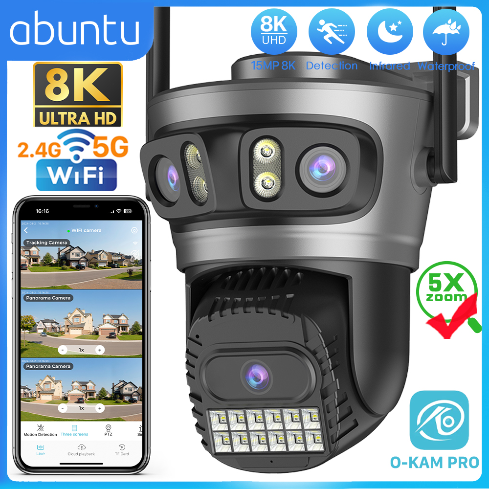15MP 8K 3 렌즈 3 스크린 PTZ Wifi 카메라 야외 HD 5G Wifi 보안 카메라 Ai 인간 감지 홈 감시 카메라