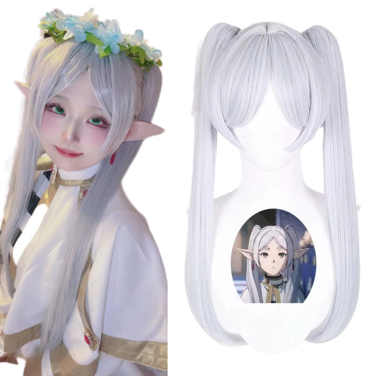 Parrucca sintetica di alta qualità con doppia coda di cavallo corta bianca argentata |   Parrucca per Cosplay di Personaggi Anime, Parrucca per Reality Show Anime