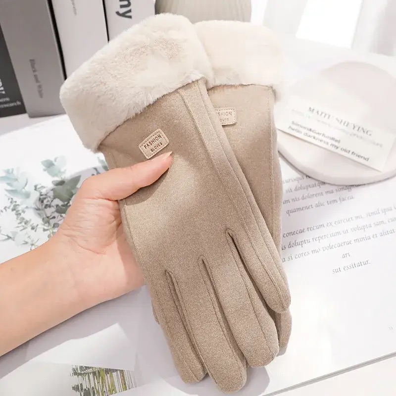 Guanti invernali da donna in peluche spesso Guanti da esterno in pelle scamosciata calda alla moda Guanti da guida touchscreen da donna Guanti da ciclismo sportivi