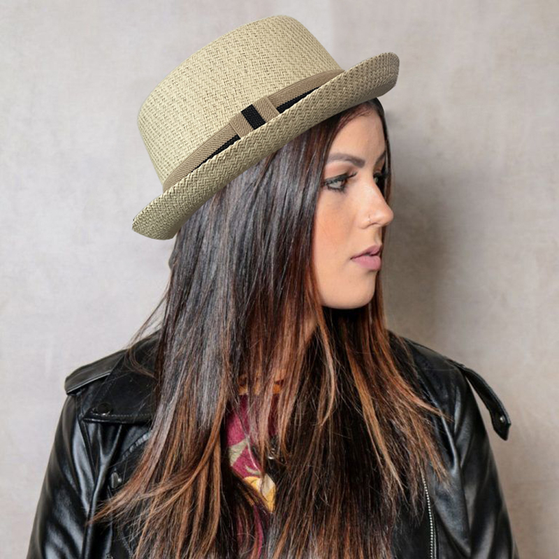 Mężczyźni Kobiety Klasyczne Słomkowe Czapki Pork Pie Fedora Sunhats Trilby Caps Summer Boater Street Outdoor Travel Party Rozmiar US 7 1/4 UK L