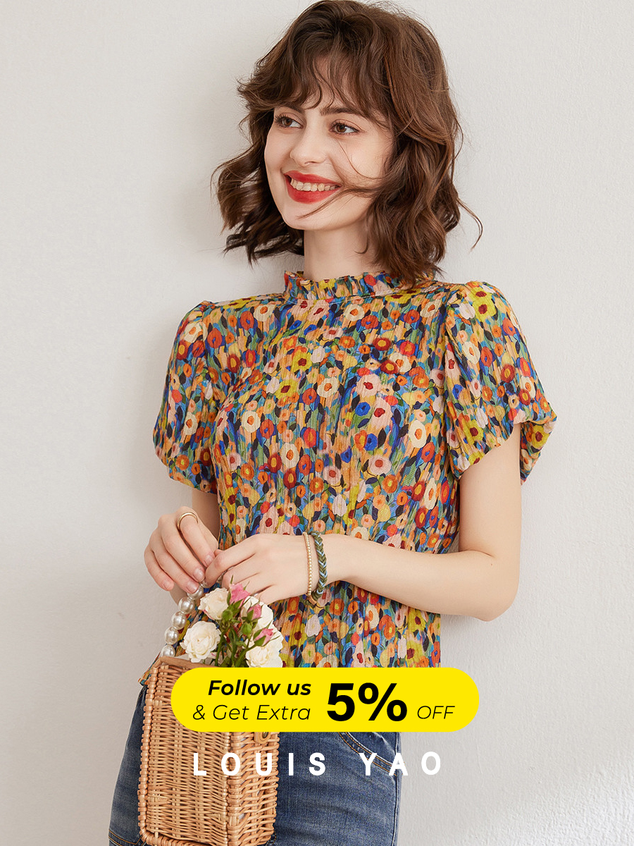 LOUIS YAO Bloemig Blouse 2026 Zomer Dames Blouse Franse Stijl O-hals Korte Mouw Elegante Blouses Pullover Top