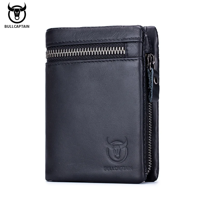 BULLCAPTAIN-cartera de cuero genuino 100% para hombre, monedero biplegable con bloqueo RFID, Tarjetero con caja de regalo 03