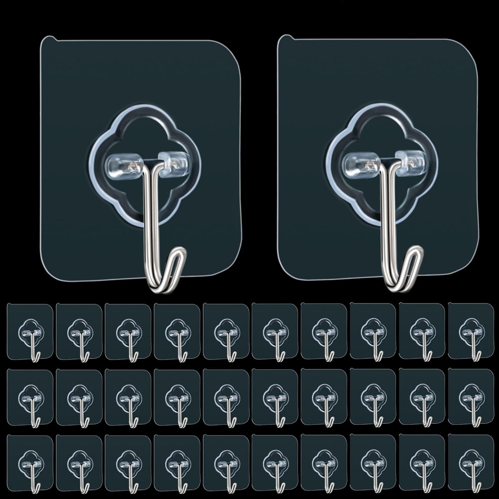 Ganchos adhesivos, paquete de 32 ganchos adhesivos de 33 lb (máx.), ganchos adhesivos extraíbles reutilizables transparentes para colgar, ganchos de pared para colgar