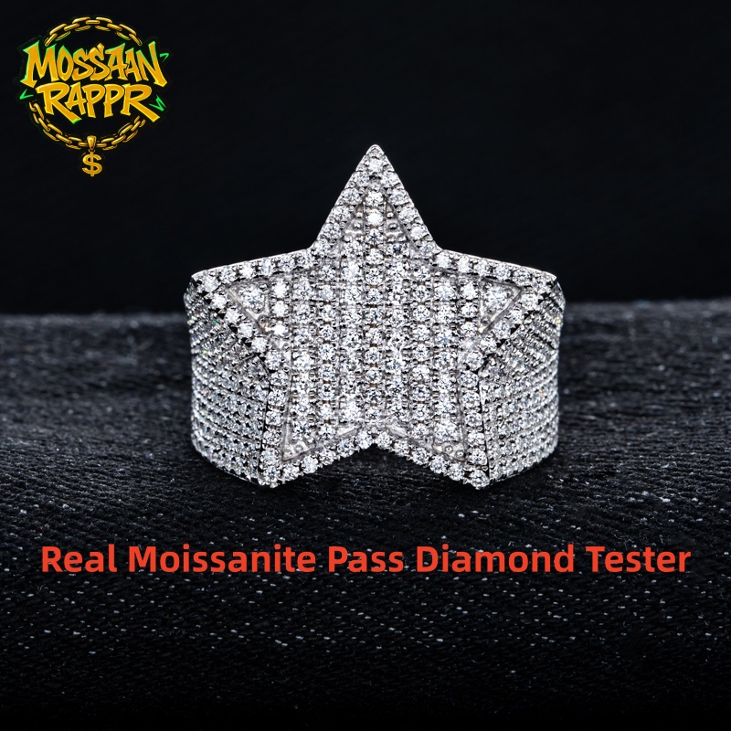 MossanRappr 1.54cttw nouvelle bague pentagramme glacé Moissanite plaqué or 14K bague Hip Hop métal lourd bijoux fins cadeaux pour hommes