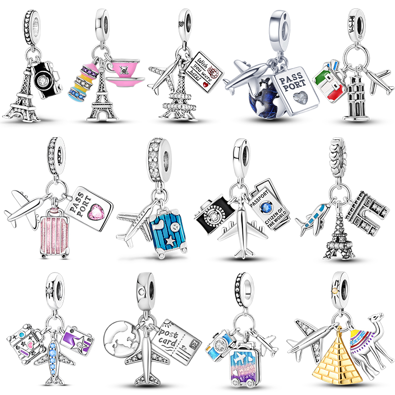 Reise-Charm aus 925er Silber, Flugzeug-Pariser-Turm-Anhänger, passend für Armbänder, Perlen, Herstellung von Damen-Modeschmuck