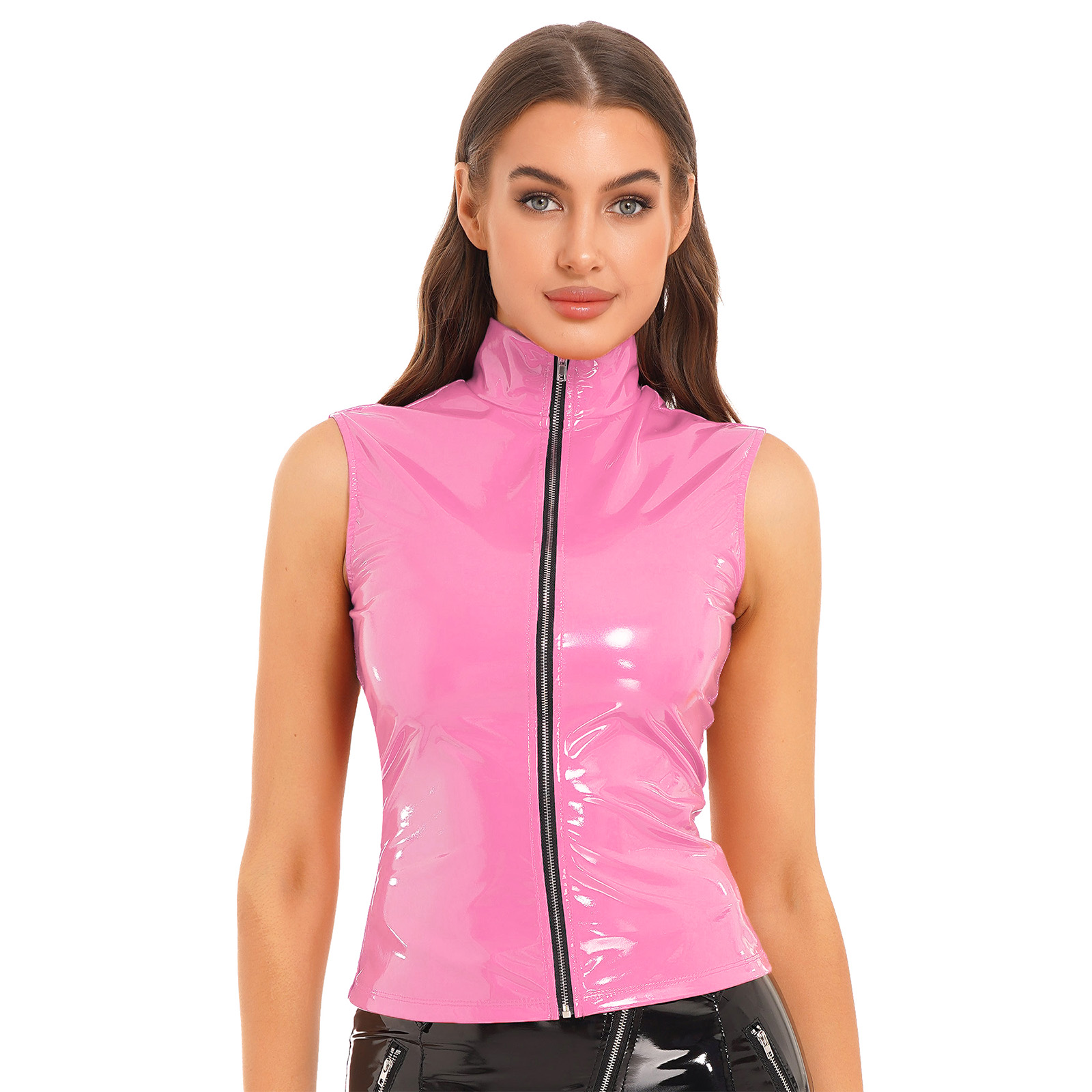 Chaleco de charol para mujer, camiseta sin mangas con cremallera frontal, Tops Punk de cuero brillante con cuello levantado, disfraces de Festival de Música y Club