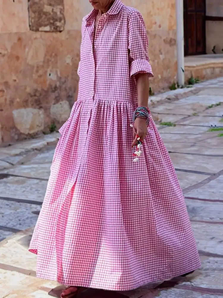 DSMTRC 2024 Nowa wiosna jesień Długi rękaw Luźne guziki Casual Maxi Sukienki Kobieta Koreańska moda Plisowane koszule z klapami Sukienka