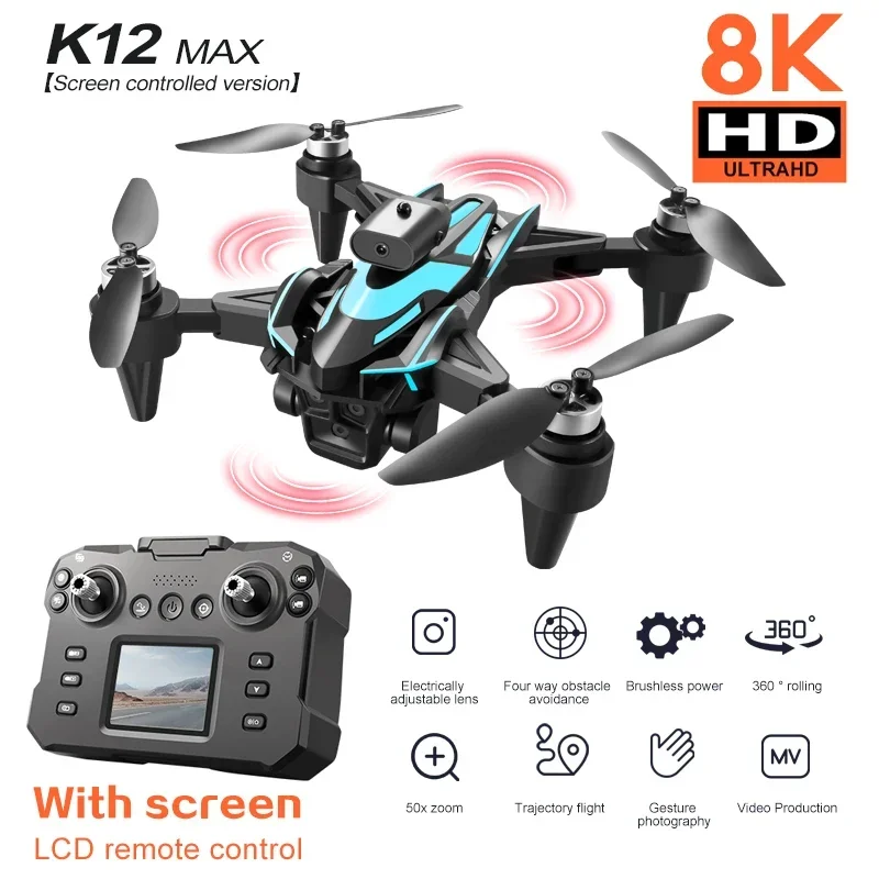 Nueva actualización K12 MAX Mini Dron con pantalla 8K HD tres cámaras para evitar obstáculos aéreo sin escobillas UAV FPV RC Quadcopter juguetes para niños