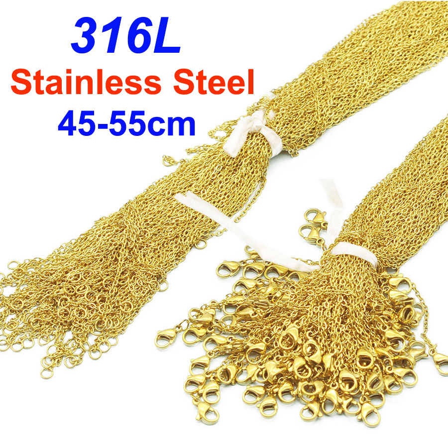 Lot de 100 chaînes de collier en acier inoxydable 316L, type Rolo O, 40-55 cm, inaltérables, pour la fabrication artisanale de bijoux DIY pour femmes, vente en gros