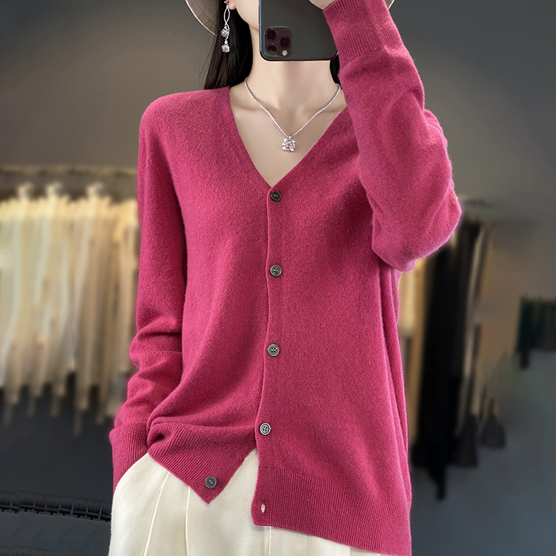 New Fashion primavera autunno 100% lana Merino Cardigan con scollo a v da donna maglione di Cashmere 2024 maglieria femminile abbigliamento coreano top