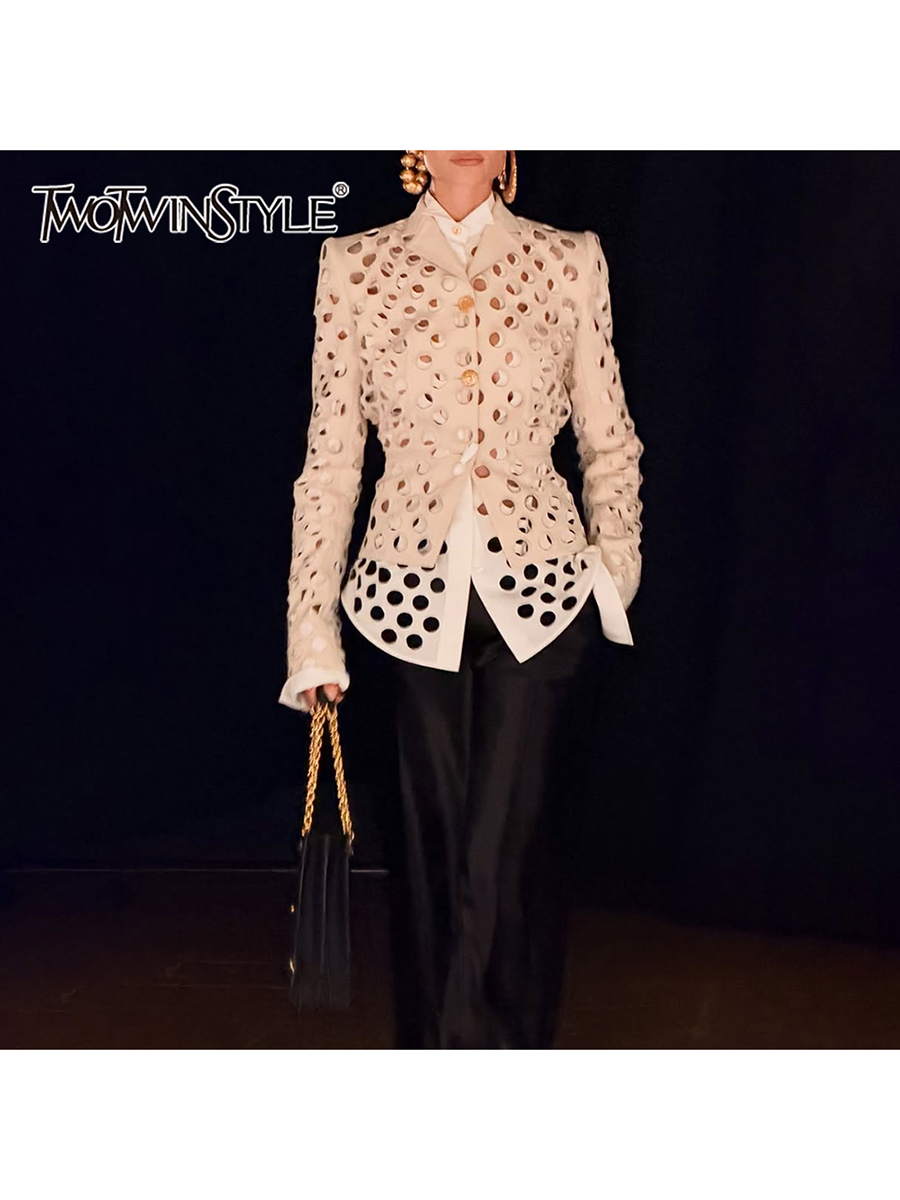 TWOTWINSTYLE Hollow Out Slimming Jackets for Women Lapel Long Sleeve Tunic Hit Color Spliced Button Coat Female Fashion Clothing