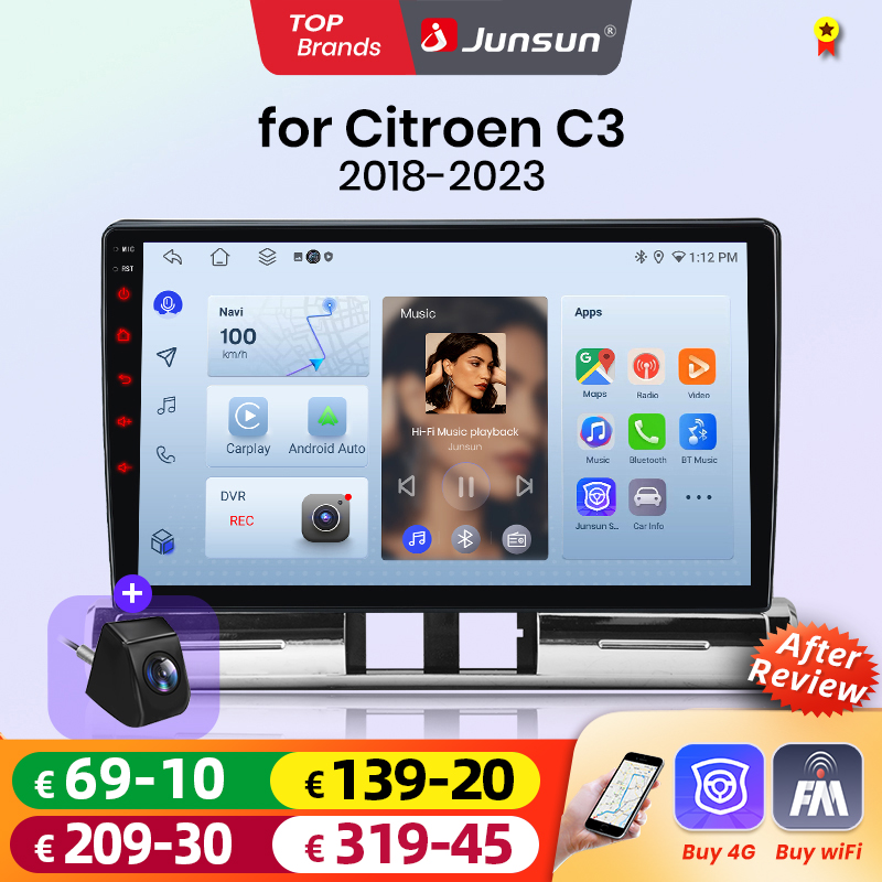 Автомобильное радио Junsun Android Auto для Citroen C3 2018 2019 2020 2021 2022 2023, мультимедийная система с беспроводным Apple CarPlay, интеллектуальные системы, IPS сенсорный экран, стерео видеоплеер, 2 Din, автомагнитола, навигация, BT, GPS, 4G, WIFI