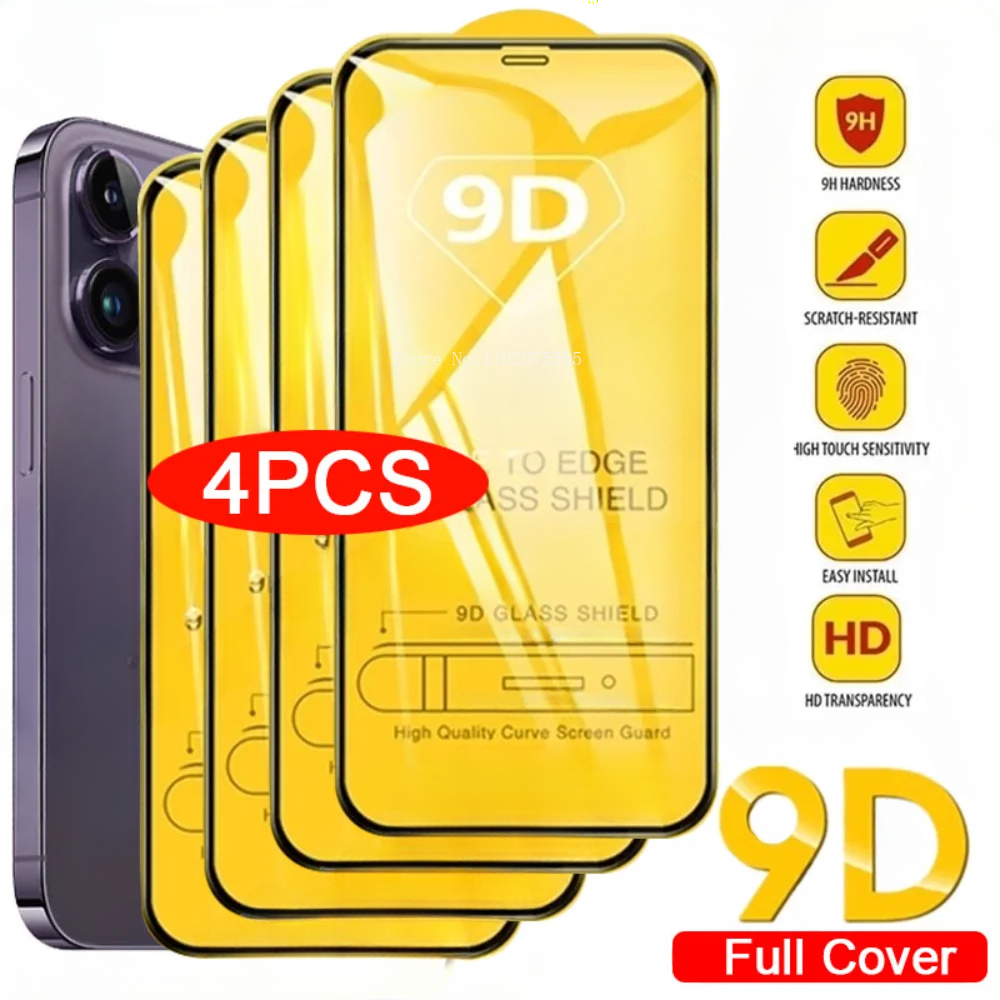 4 шт. 9D полное покрытие из закаленного стекла для iPhone 17 16 15 14 Pro Max 16 15 Plus Защитная пленка для экрана для iPhone 13 12 11 Pro X XR XS Max