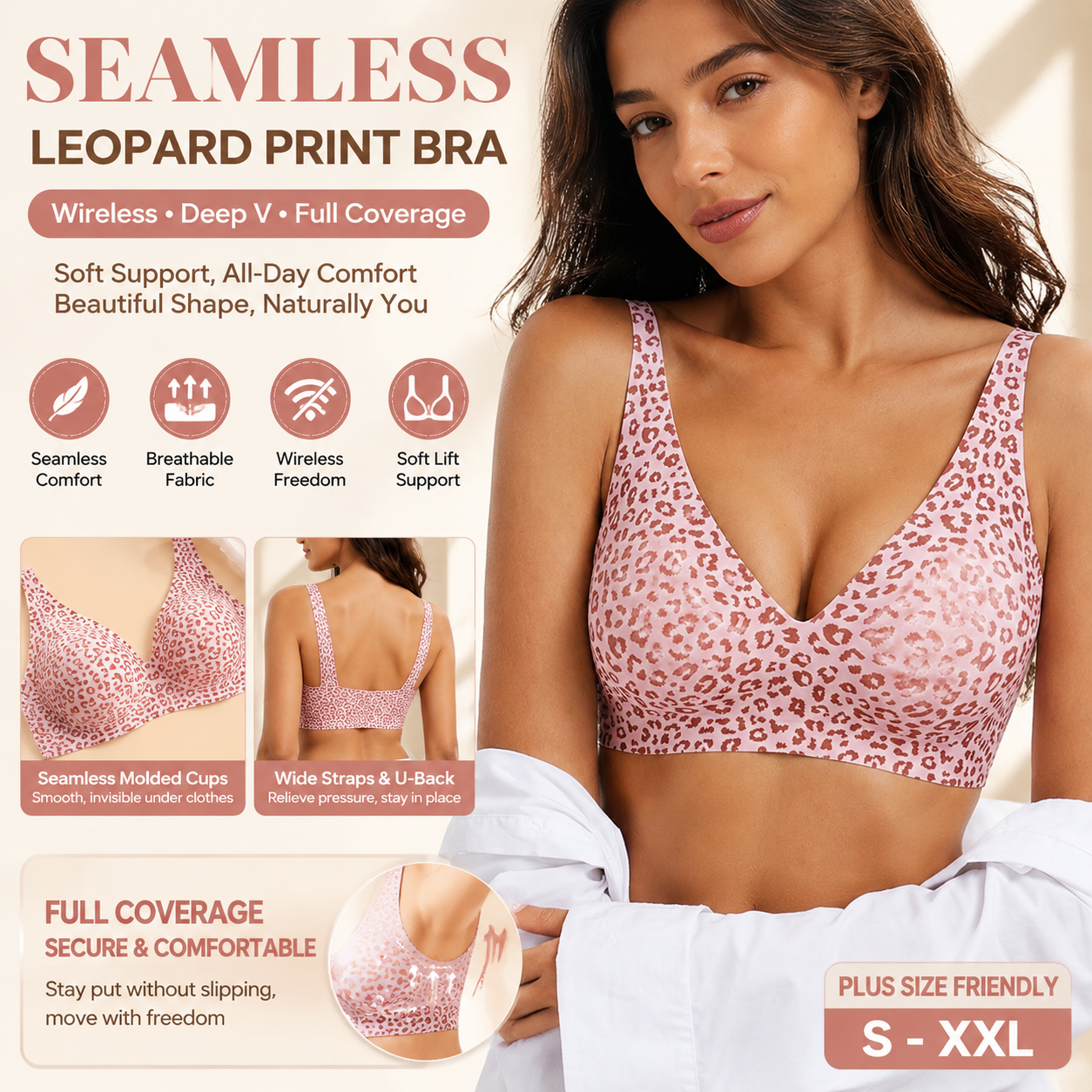 Sujetador push-up sin costuras con estampado de leopardo para mujer, con copas finas, sin aros, cobertura completa, transpirable, cómodo, con soporte y realce, talla grande