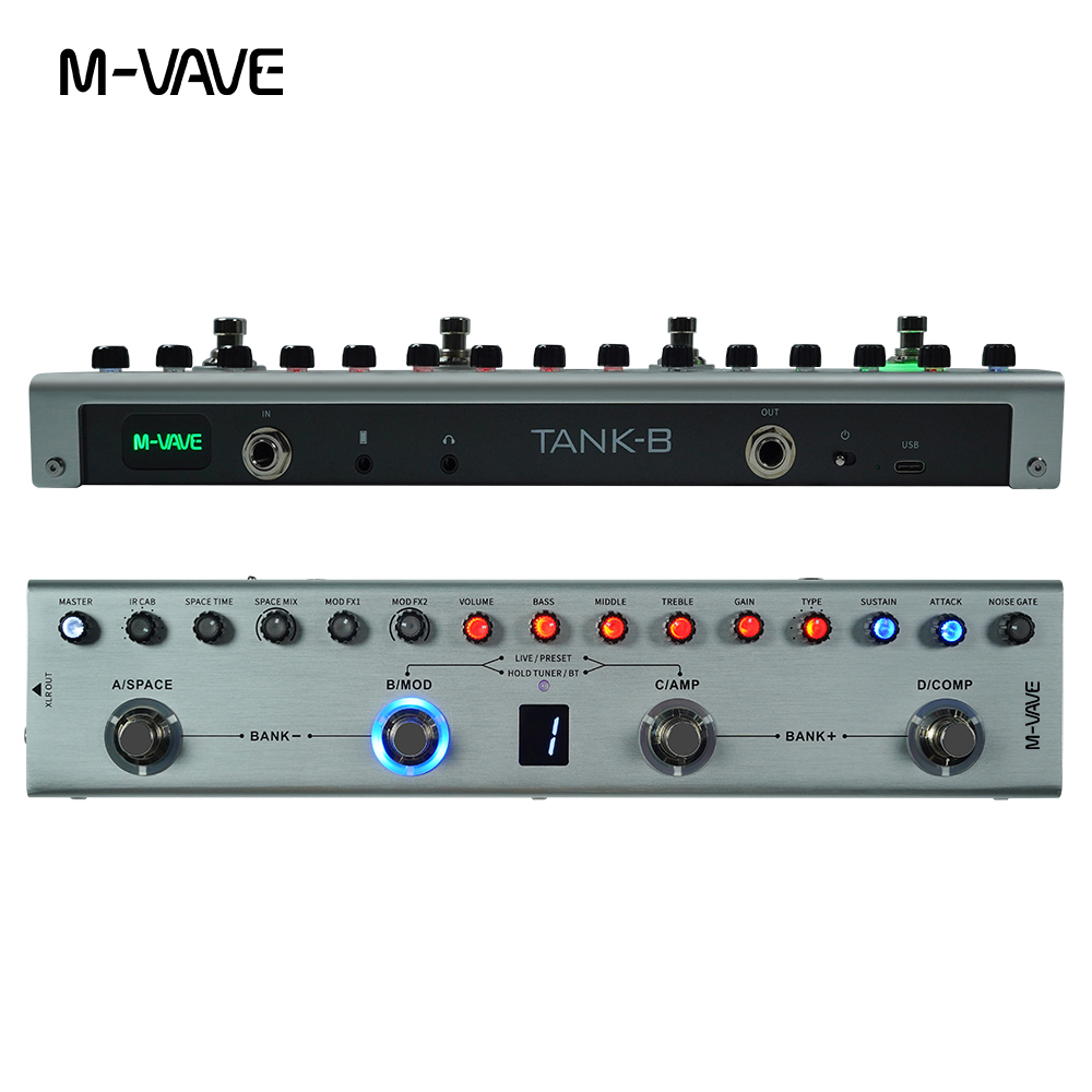 M-VAVE Tank-B Multi-Effect Bass Pedal Akumulator 36 ustawień 9 gniazd przedwzmacniacza 8 gniazd kabiny na podczerwień 3 modulacje/zamek/efekty pogłosu