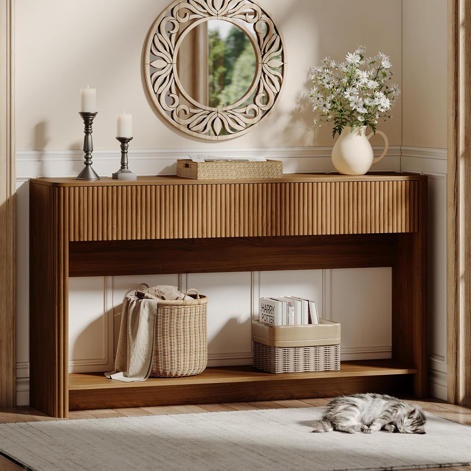 47,2 inch geribbelde consoletafel met laden, opbergruimte, houten, modern, voor hal, woonkamer, walnoot, op maat gemaakt