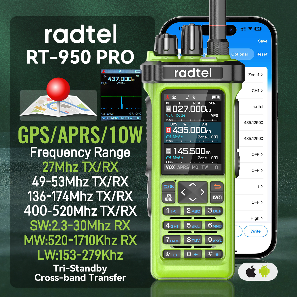 Radtel RT-950 PRO Walkie Talkie verde Receptor AM/FM/SSB con GPS APRS 10W Bluetooth Programación de teléfono Radioaficionado RT-950PRO