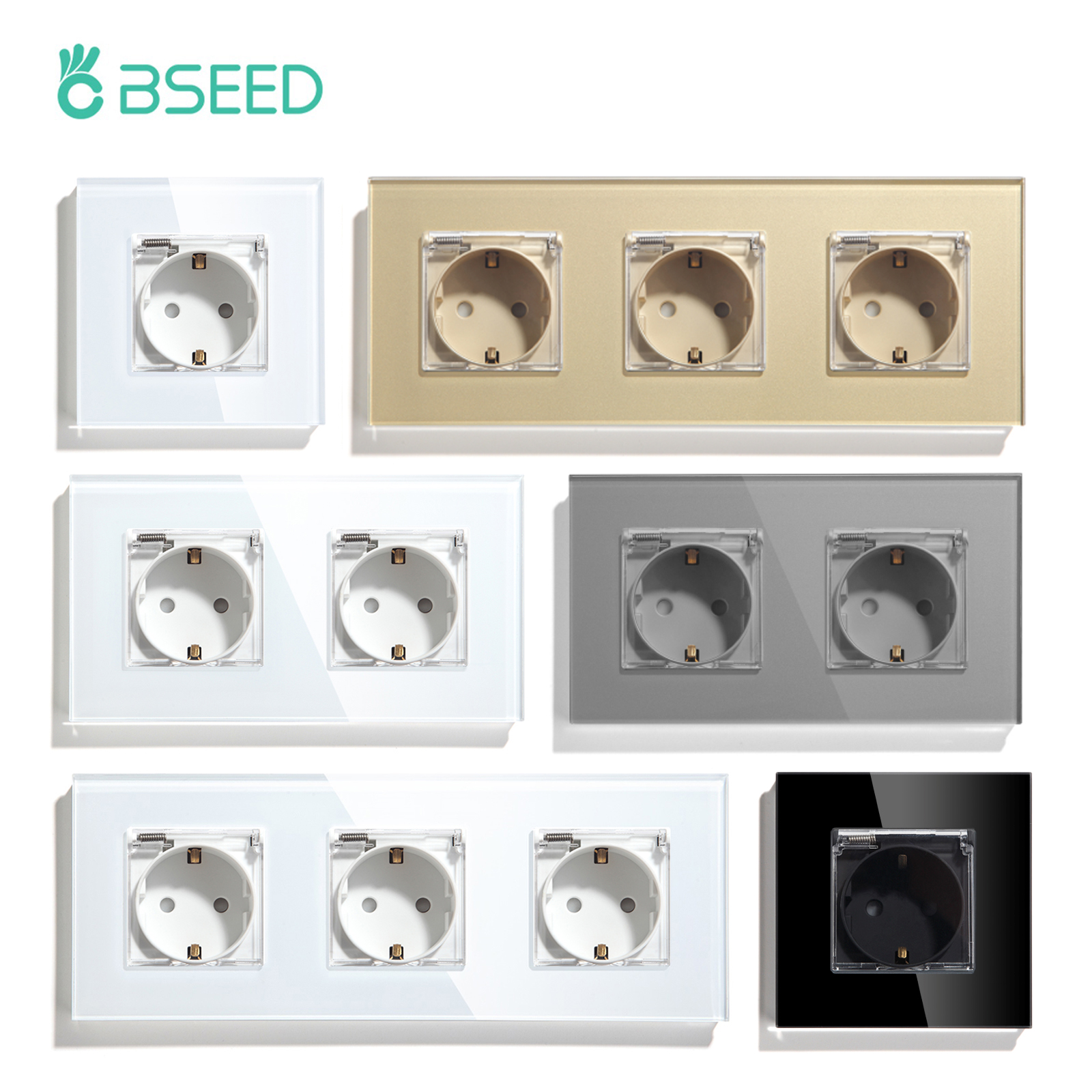 BSEED-enchufe de pared estándar europeo, toma de corriente doble con cubierta, Triple salida, Panel de cristal, 16A, 110V-250V