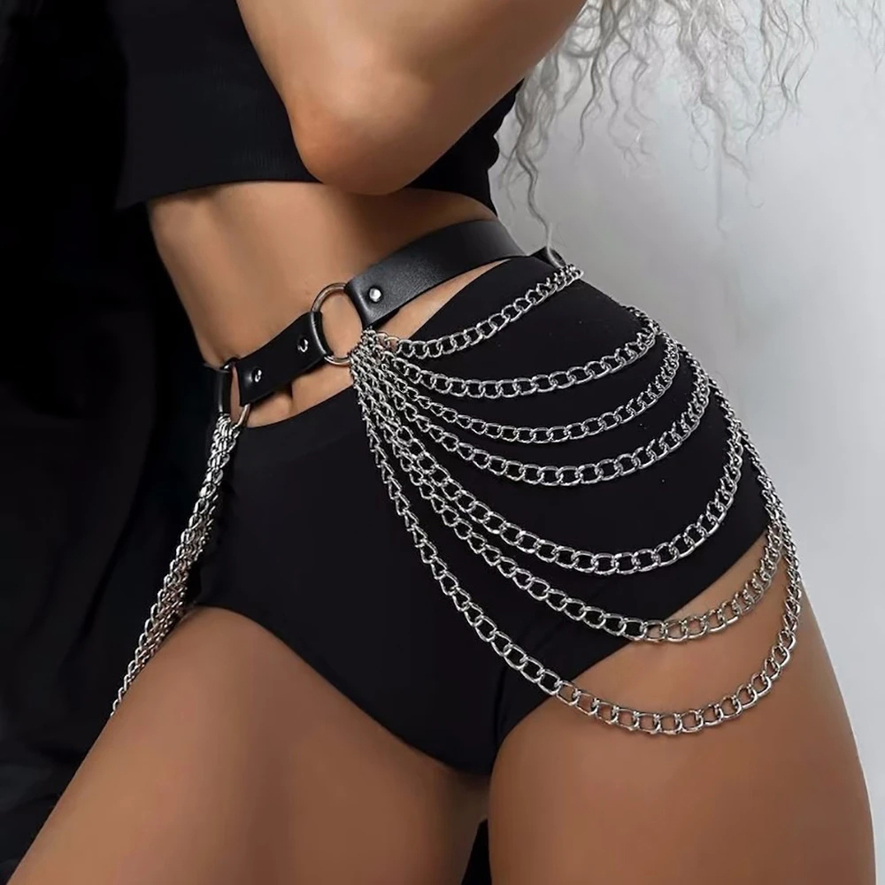 Sabuk Kulit PU Hitam Gothic Punk dengan Rumbai, Rantai Pinggang Harness yang Dapat Disesuaikan untuk Wanita, Aksesori Festival Halloween Rockabilly